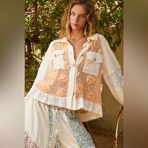 POL Peach and Cream Appliqué Eyelet Jacket